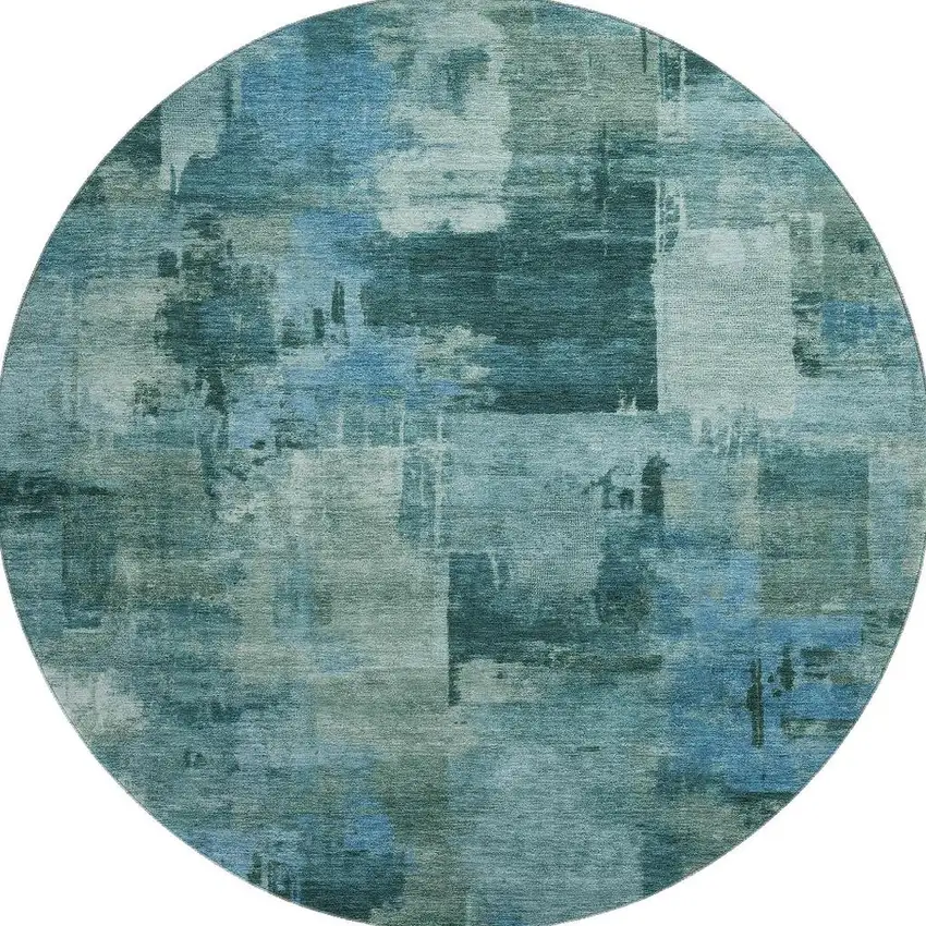 8' Teal And Aqua Abstract Washable Round Rug With UV Protection Photo 4