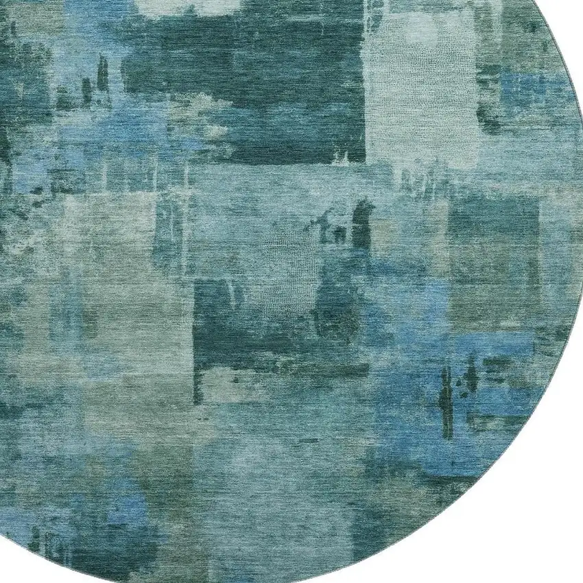 8' Teal And Aqua Abstract Washable Round Rug With UV Protection Photo 3