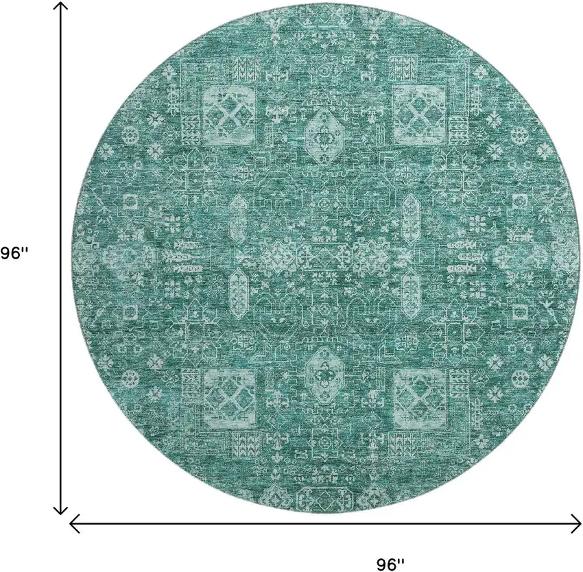 8' Teal And Aqua Floral Washable Round Rug With UV Protection Photo 3