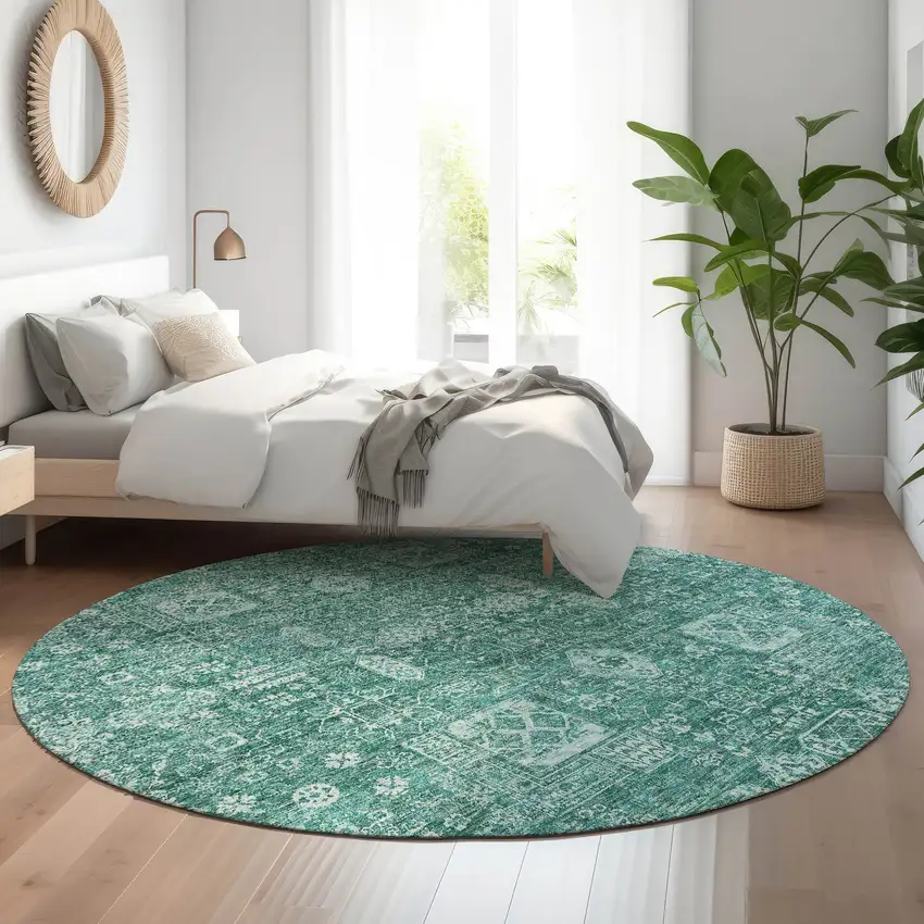 8' Teal And Aqua Floral Washable Round Rug With UV Protection Photo 5