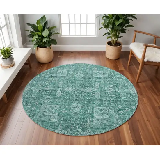 8' Teal And Aqua Floral Washable Round Rug With UV Protection Photo 2
