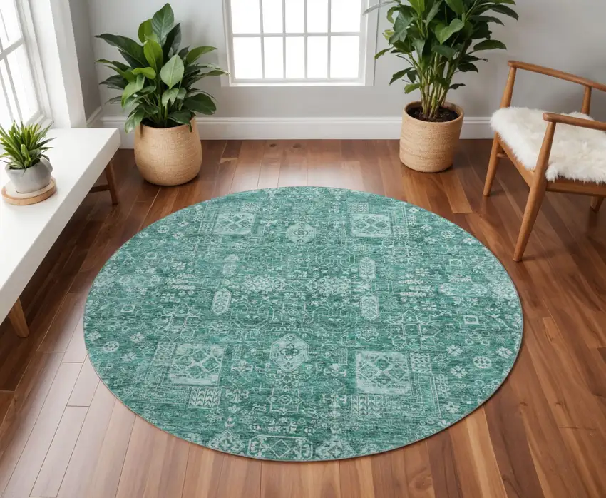 8' Teal And Aqua Floral Washable Round Rug With UV Protection Photo 2
