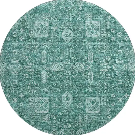 8' Teal And Aqua Floral Washable Round Rug With UV Protection Photo 4