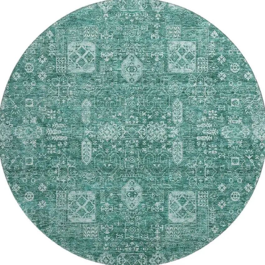 8' Teal And Aqua Floral Washable Round Rug With UV Protection Photo 4