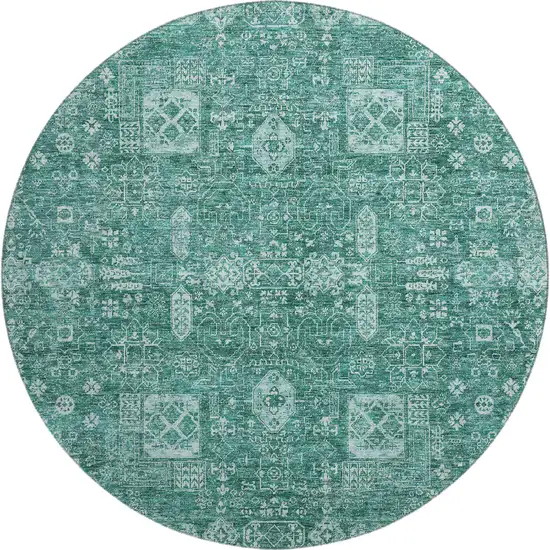8' Teal And Aqua Floral Washable Round Rug With UV Protection Photo 1