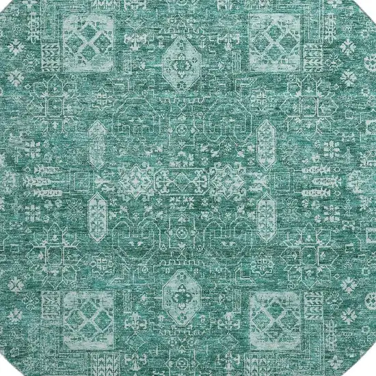 8' Teal And Aqua Floral Washable Round Rug With UV Protection Photo 3