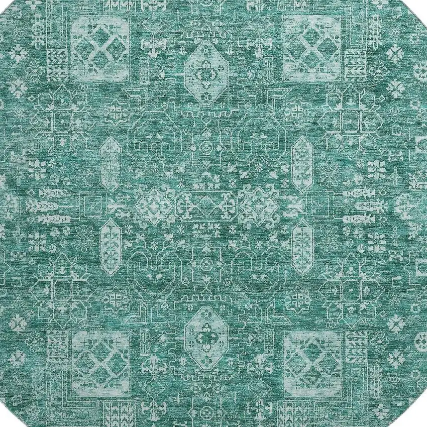 8' Teal And Aqua Floral Washable Round Rug With UV Protection Photo 3