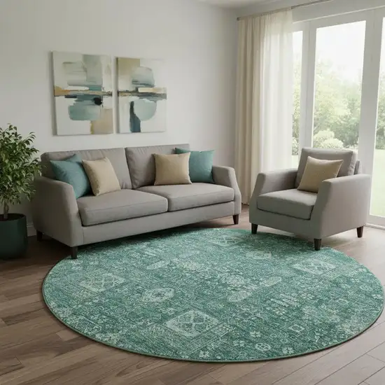 8' Teal And Aqua Floral Washable Round Rug With UV Protection Photo 1