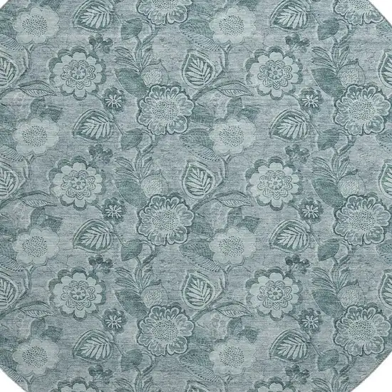 8' Teal And Aqua Floral Washable Round Rug With UV Protection Photo 3
