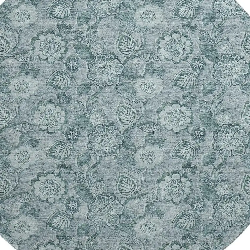 8' Teal And Aqua Floral Washable Round Rug With UV Protection Photo 3
