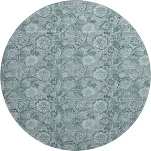 Photo of 8' Teal And Aqua Floral Washable Round Rug With UV Protection