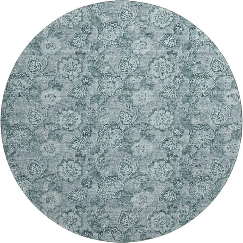 8' Teal And Aqua Floral Washable Round Rug With UV Protection Photo 1