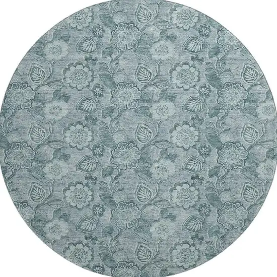 8' Teal And Aqua Floral Washable Round Rug With UV Protection Photo 4