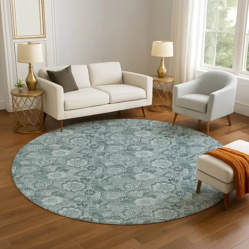 8' Teal And Aqua Floral Washable Round Rug With UV Protection Photo 5