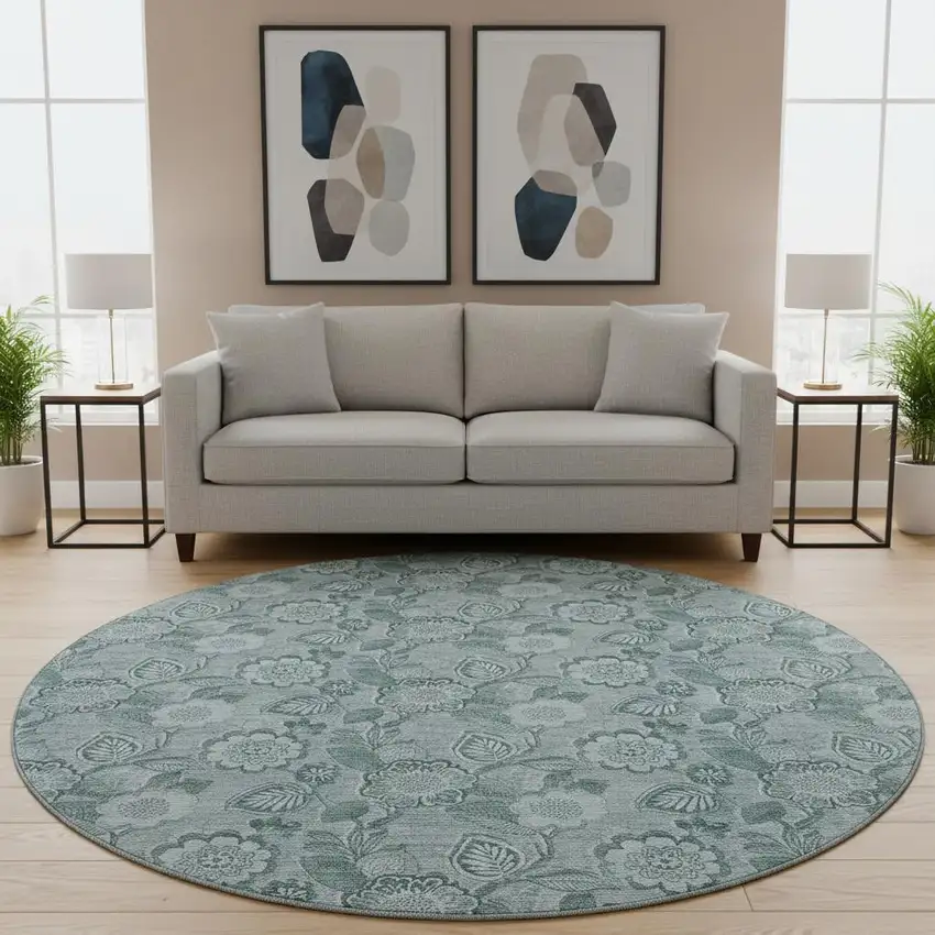 8' Teal And Aqua Floral Washable Round Rug With UV Protection Photo 2