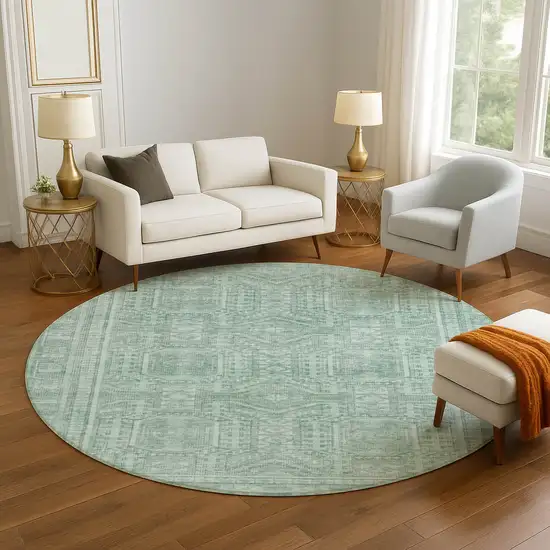 8' Teal And Aqua Geometric Washable Round Rug With UV Protection Photo 5