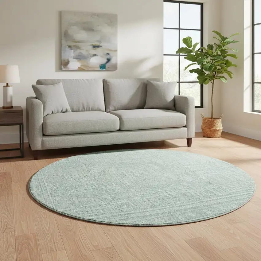 8' Teal And Aqua Geometric Washable Round Rug With UV Protection Photo 2