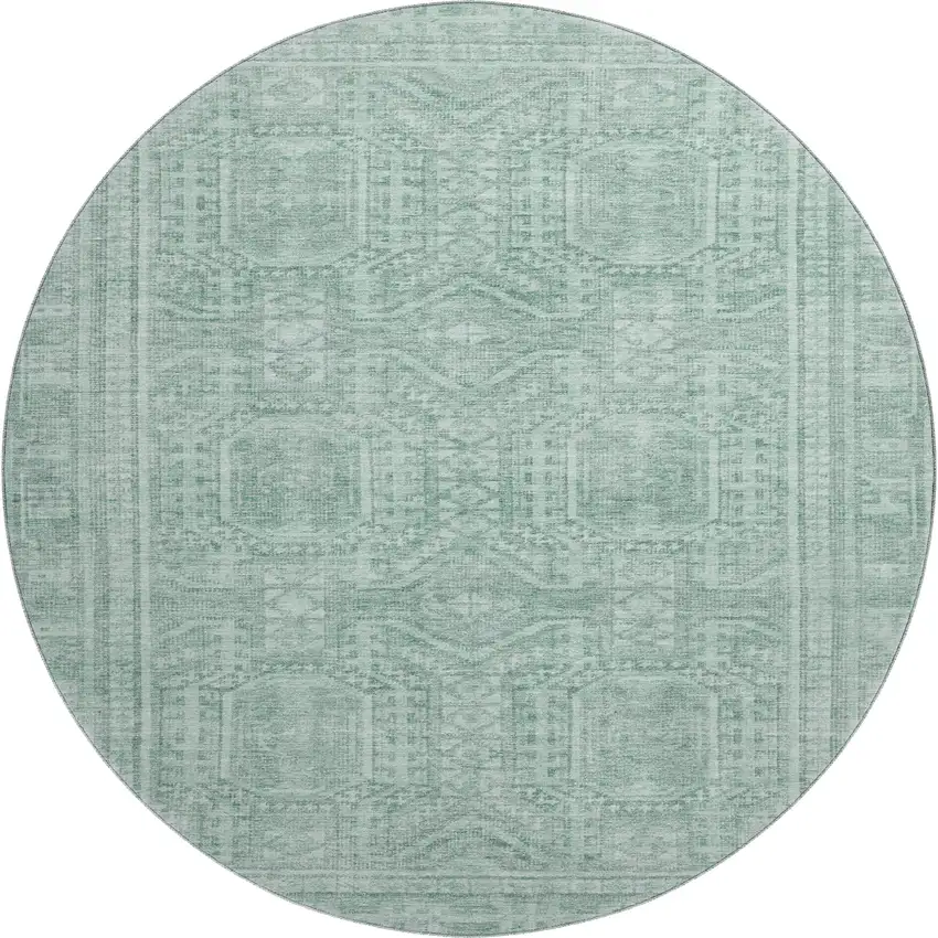 8' Teal And Aqua Geometric Washable Round Rug With UV Protection Photo 1