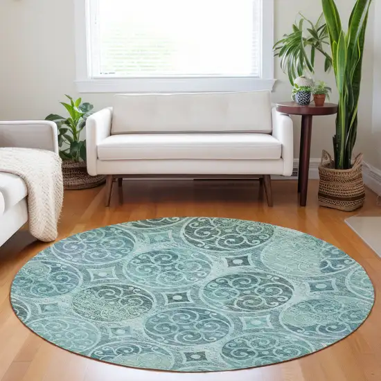 8' Teal And Aqua Medallion Washable Round Rug With UV Protection Photo 5