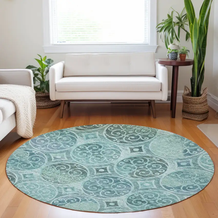8' Teal And Aqua Medallion Washable Round Rug With UV Protection Photo 5