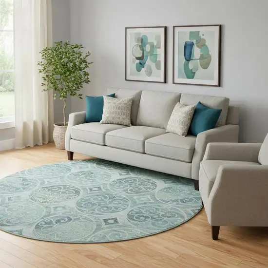 8' Teal And Aqua Medallion Washable Round Rug With UV Protection Photo 2