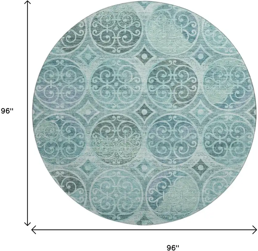 8' Teal And Aqua Medallion Washable Round Rug With UV Protection Photo 8