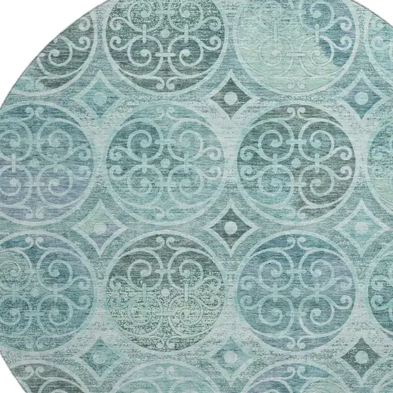 8' Teal And Aqua Medallion Washable Round Rug With UV Protection Photo 3