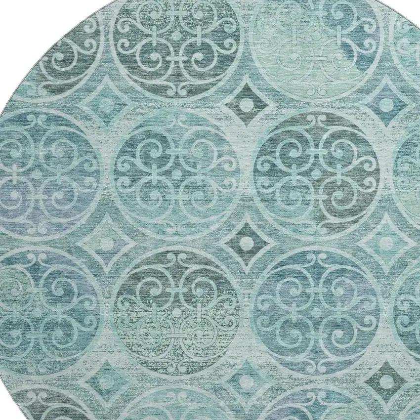 8' Teal And Aqua Medallion Washable Round Rug With UV Protection Photo 3