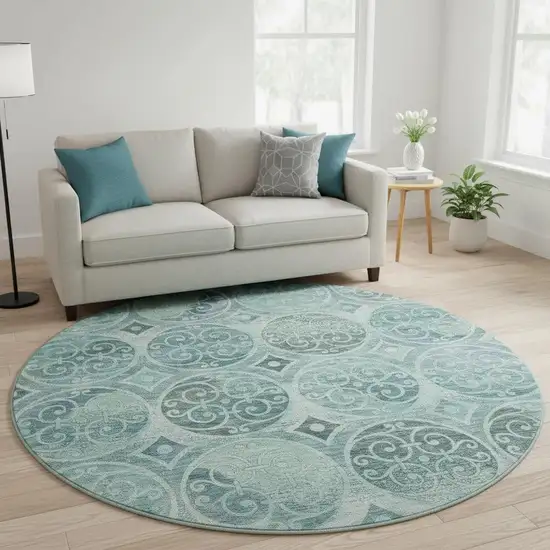 8' Teal And Aqua Medallion Washable Round Rug With UV Protection Photo 2