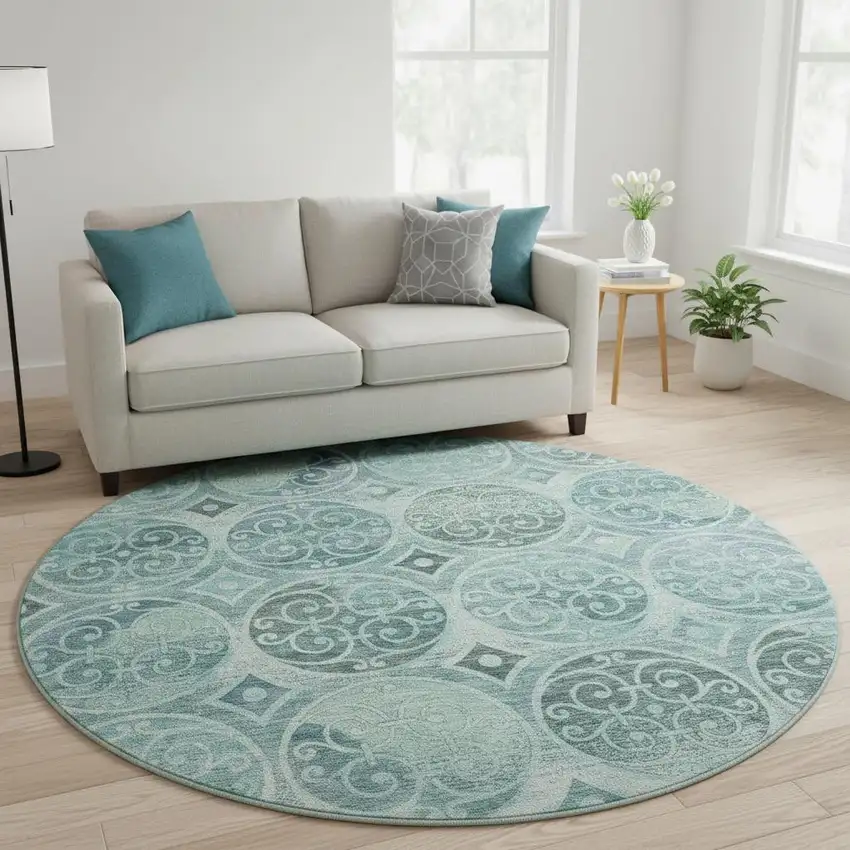 8' Teal And Aqua Medallion Washable Round Rug With UV Protection Photo 2