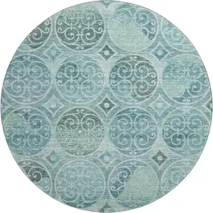 Photo of 8' Teal And Aqua Medallion Washable Round Rug With UV Protection