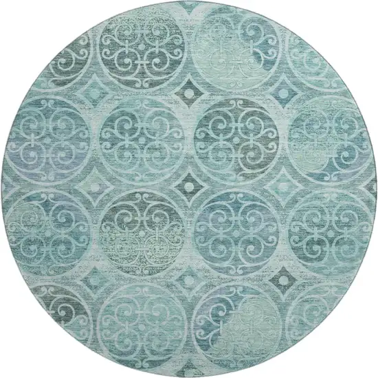 8' Teal And Aqua Medallion Washable Round Rug With UV Protection Photo 1