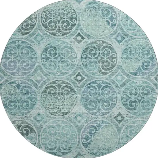 8' Teal And Aqua Medallion Washable Round Rug With UV Protection Photo 4