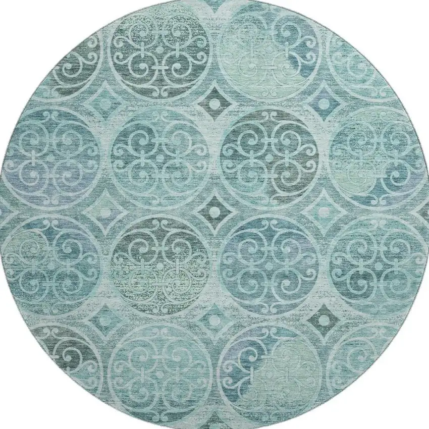 8' Teal And Aqua Medallion Washable Round Rug With UV Protection Photo 4