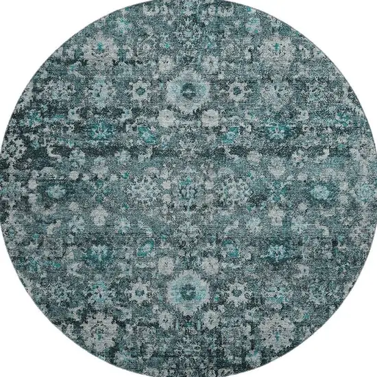 8' Teal And Aqua Oriental Washable Round Rug With UV Protection Photo 3