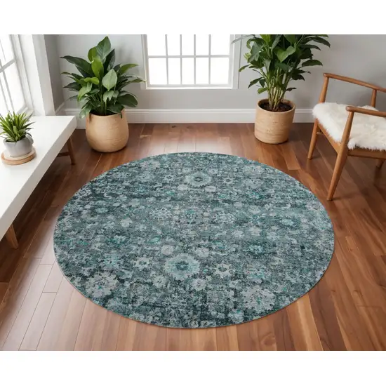 8' Teal And Aqua Oriental Washable Round Rug With UV Protection Photo 2