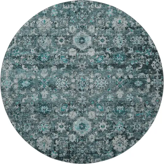 8' Teal And Aqua Oriental Washable Round Rug With UV Protection Photo 4