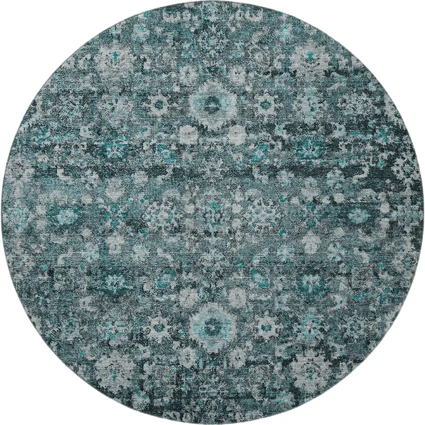 8' Teal And Aqua Oriental Washable Round Rug With UV Protection Photo 4