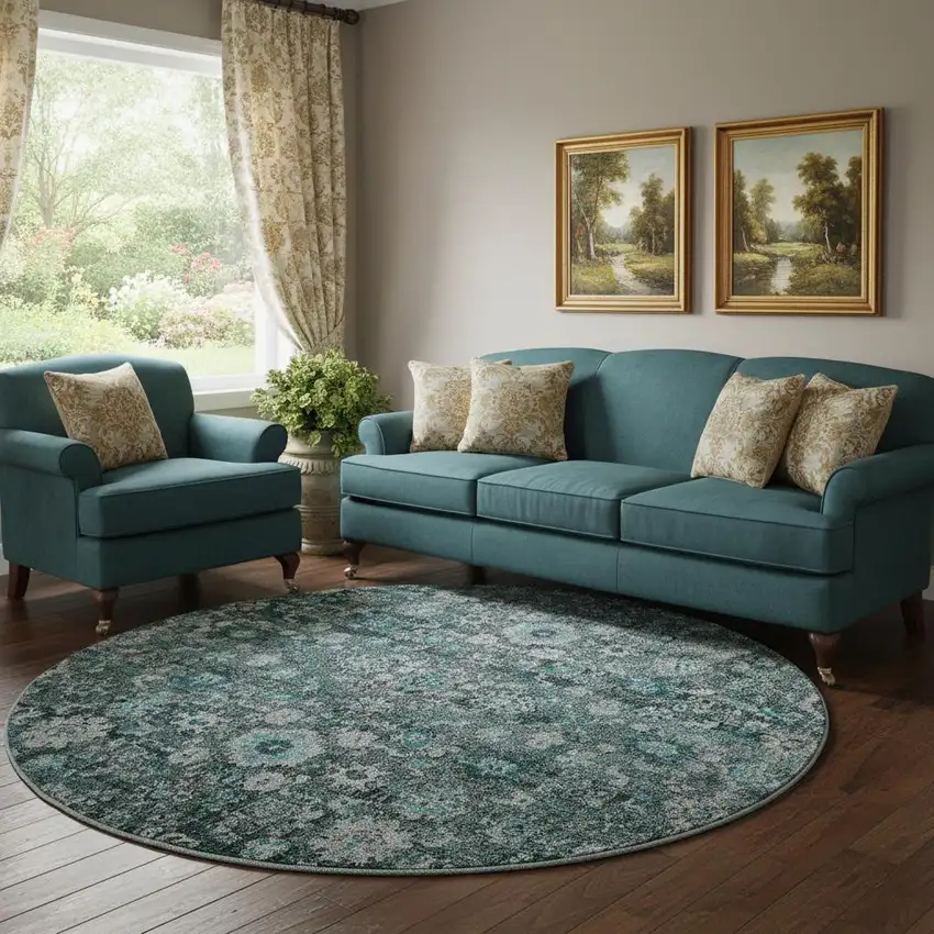 8' Teal And Aqua Oriental Washable Round Rug With UV Protection Photo 1