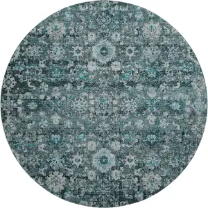 Photo of 8' Teal And Aqua Oriental Washable Round Rug With UV Protection