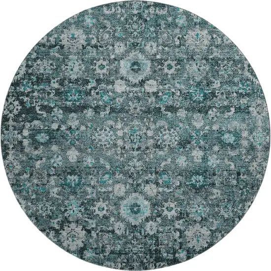 8' Teal And Aqua Oriental Washable Round Rug With UV Protection Photo 1