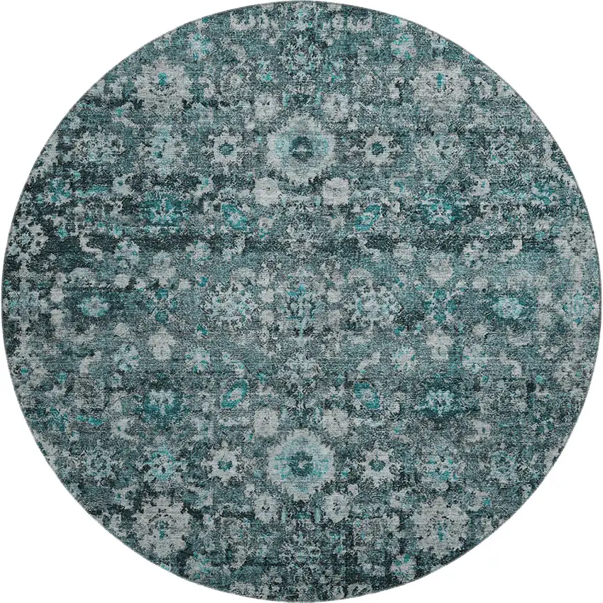8' Teal And Aqua Oriental Washable Round Rug With UV Protection Photo 1