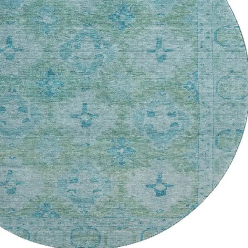 8' Teal And Aqua Oriental Washable Round Rug With UV Protection Photo 2