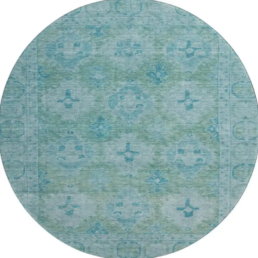 8' Teal And Aqua Oriental Washable Round Rug With UV Protection Photo 3
