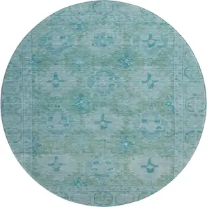 Photo of 8' Teal And Aqua Oriental Washable Round Rug With UV Protection