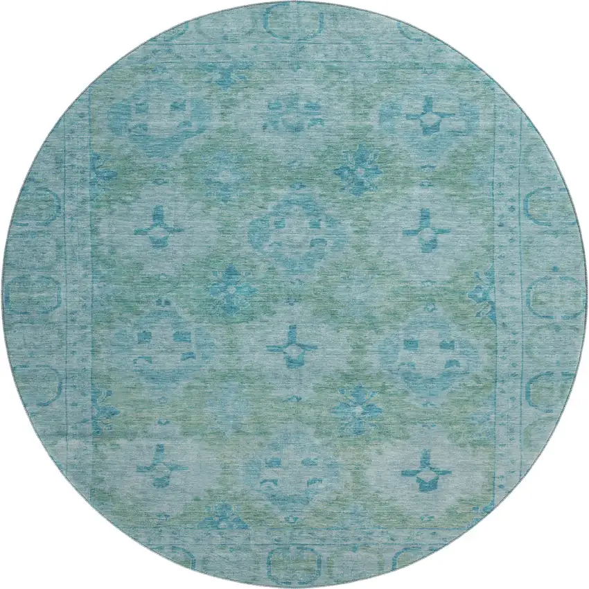 8' Teal And Aqua Oriental Washable Round Rug With UV Protection Photo 1