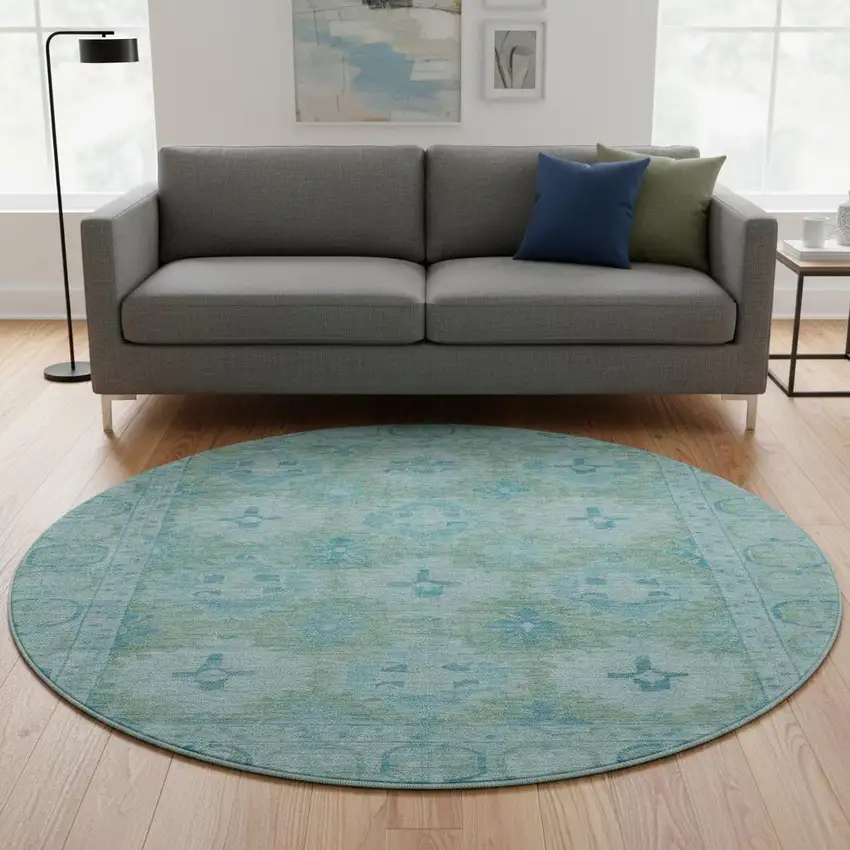 8' Teal And Aqua Oriental Washable Round Rug With UV Protection Photo 2