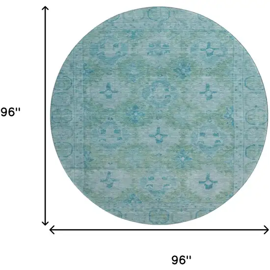 8' Teal And Aqua Oriental Washable Round Rug With UV Protection Photo 9