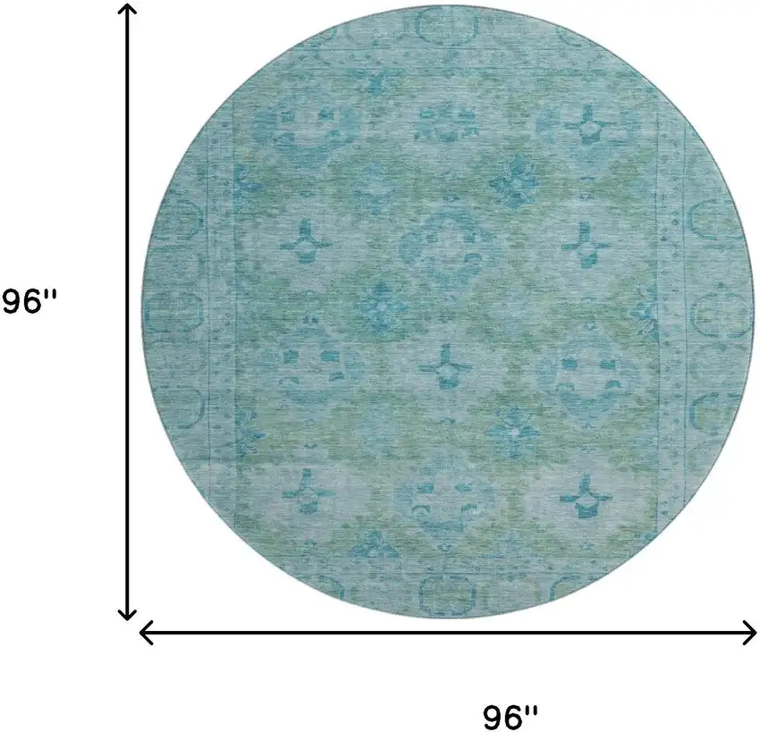 8' Teal And Aqua Oriental Washable Round Rug With UV Protection Photo 9