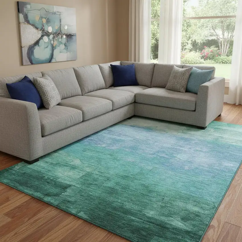 8' Teal And Aqua Striped Washable Area Rug With UV Protection Photo 2